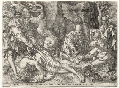 La parabola del buon samaritano: I ladri che attaccano i viaggiatori, 1554 da Heinrich Aldegrever