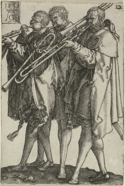 Tre trombonisti, tavola dodici da I grandi ballerini di nozze da Heinrich Aldegrever
