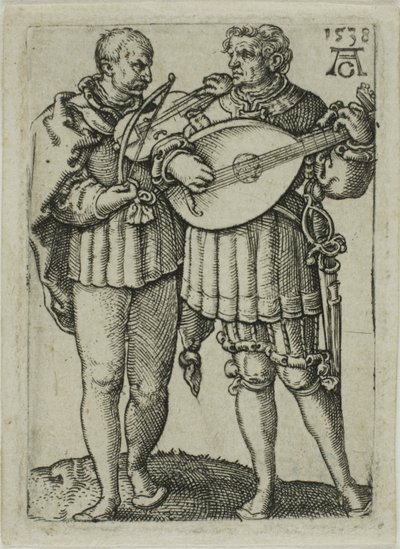Due musicisti che suonano il violino e il liuto, tavola uno da I piccoli danzatori di nozze da Heinrich Aldegrever