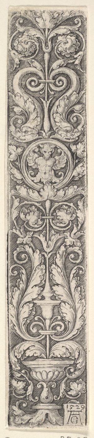Pannello verticale con un candelabro contenente un medaglione con un centauro e una coppia di delfini, 1529 da Heinrich Aldegrever