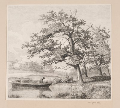 Paesaggio con querce vicino a un lago, dove si vede un vecchio in una barca da Heinrich Buntzen