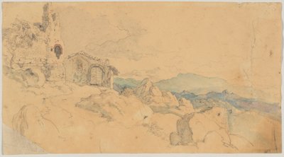 Paesaggio montano con capanna e rovina da Heinrich Burkel