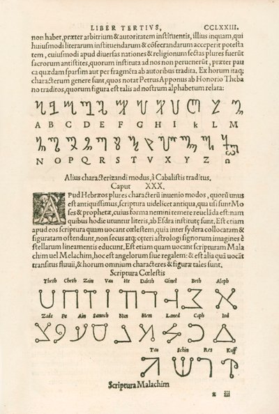 Alfabeto tebano e alfabeto celeste, incisione da De occulta philosophia libri tres di Heinrich Cornelius Agrippa von Nettesheim da Heinrich Cornelius Agrippa von Nettesheim