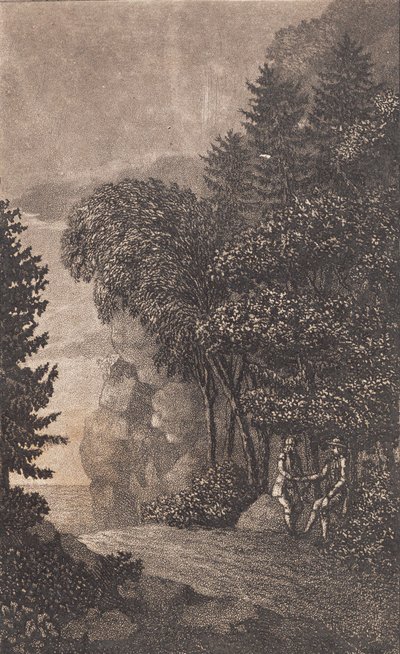 Paesaggio con rocce e grandi alberi, a destra due uomini da Heinrich Grosch