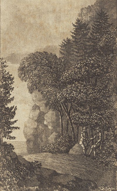 Paesaggio con scogli e grandi alberi, due uomini a destra da Heinrich Grosch
