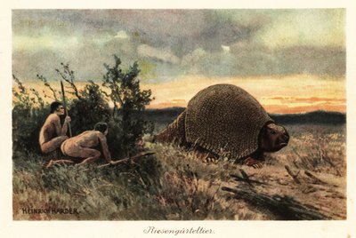 Uomini primitivi con lance che cacciano un gliptodonte da Heinrich Harder
