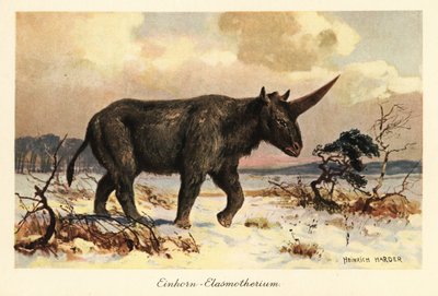 Unicorno siberiano, Elasmotherium sibiricum, su una pianura innevata da Heinrich Harder