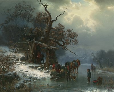 Paesaggio invernale con figure su un fiume ghiacciato, 1867 da Heinrich Hofer