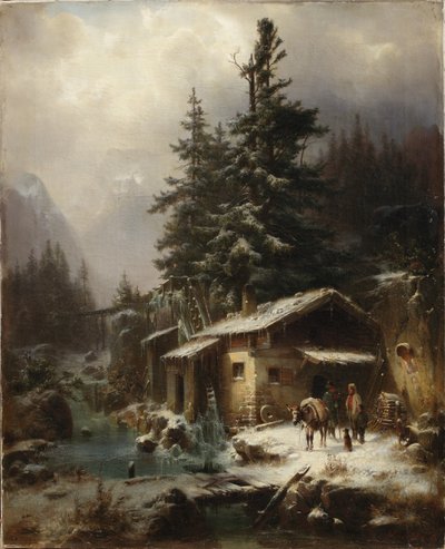Paesaggio invernale con figure che riposano vicino a un mulino ad acqua, 1866 da Heinrich Hofer