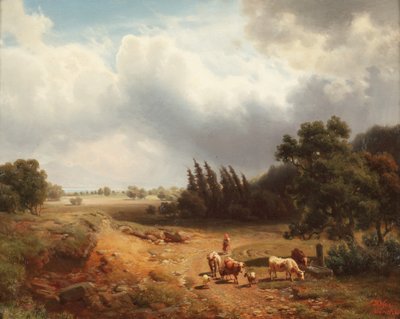 Paesaggio boscoso con una pastorella e il suo bestiame da Heinrich Hofer