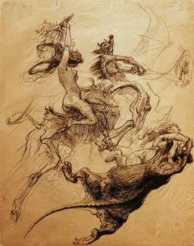 Donna nuda che cavalca uno scheletro e diavolo su uno pterodattilo da Heinrich Kley