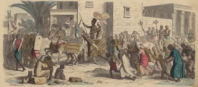 Un faraone egiziano antico che parte per la guerra (incisione colorata) da Heinrich Leutemann