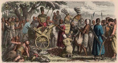 Antico Egitto: i prigionieri portati davanti al faraone vittorioso Ramses II, per essere mutilati, 1866 da Heinrich Leutemann