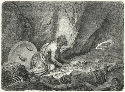 Aristomene che fugge dalla fossa in cui era stato gettato dagli Spartani da Heinrich Leutemann