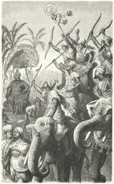 Poro, re dei Paurava, che rivede i suoi elefanti da guerra da Heinrich Leutemann