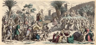 Accoglienza di un esercito assiro vittorioso (incisione colorata) da Heinrich Leutemann
