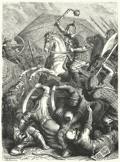 Il comandante militare cosacco Yermak Timofeyevich in battaglia con i Tartari di Kuchum Khan (incisione) da Heinrich Leutemann
