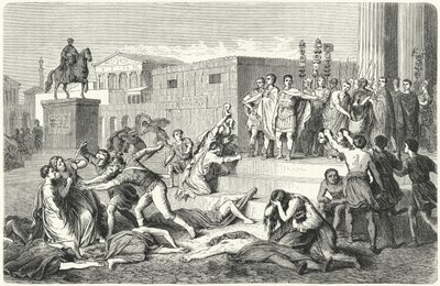 Il triumvirato di Marco Antonio, Marco Emilio Lepido e Ottaviano che proclamano proscrizioni contro i loro nemici politici, 43 a.C. da Heinrich Leutemann