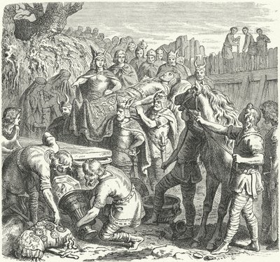 La sepoltura di Alarico I, Re dei Visigoti, nel letto del fiume Busento, 410 (incisione) da Heinrich Leutemann