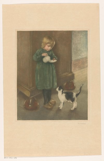 Ragazza che dà da mangiare a un gatto da Heinrich M. Krabbé (signed by artist)