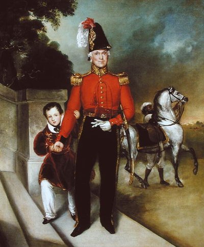 Generale Sir James Dennis (1778-1855) con suo figlio, un syce che conduce via il suo cavallo 1843 da Heinrich Schaeffer