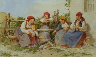 Donne e bambini con gatto che gioca da Heinrich Stohl