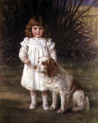 Ritratto di una ragazza in un vestito bianco con un cane da Helen Howard Hatton