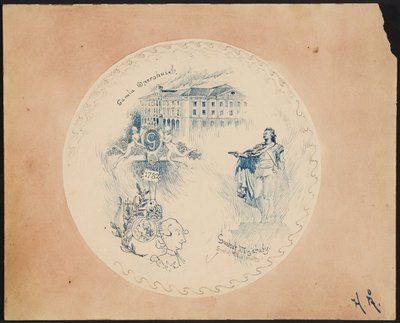 Teller mit Stockholm-Motiv, Altes Opernhaus vor rosa Hintergrund da Helmer Osslund