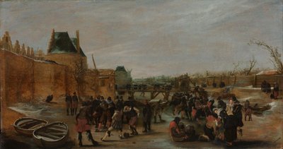 Divertimento su un canale ghiacciato in una città da Hendrick Avercamp (copy after)