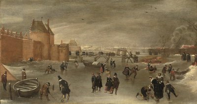 Pattinatori, giocatori di kolf e slitte su un fiume ghiacciato vicino alla porta della città di St. Janspoort, con la Kruispoort sullo sfondo e il mulino Pink oltre, Haarlem da Hendrick Avercamp (studio of)