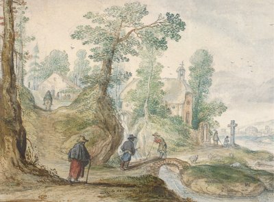 Paesaggio Fluviale Boschivo con una Chiesa e Figure, ca. 1613 da Hendrick Avercamp