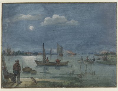 Paesaggio fluviale al chiaro di luna con pescatori da Hendrick Avercamp