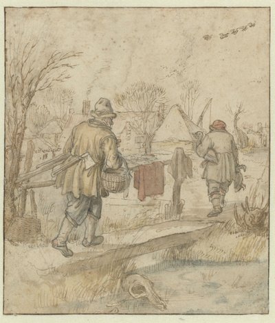 Ritorno dei cacciatori di anatre / verso: Schizzi di navi e di un uomo in abiti invernali da Hendrick Avercamp