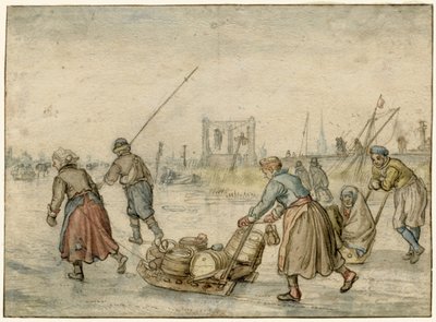 Paesaggio invernale con due donne e una slitta e altre figure sul ghiaccio, una forca in lontananza da Hendrick Avercamp