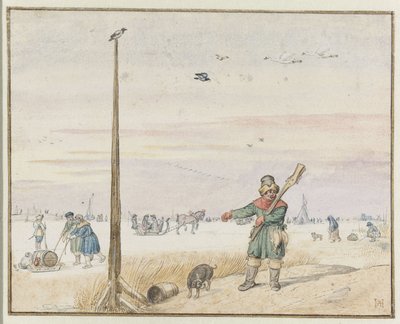 Paesaggio invernale con un cacciatore di anatre con selvaggina nella cintura e fucile sulla spalla sulla riva di un fiume ghiacciato da Hendrick Avercamp