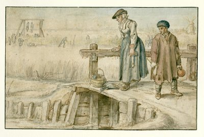 Paesaggio invernale con una donna e un giovane su un piccolo ponte, pattinatori e una forca in lontananza da Hendrick Avercamp