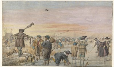 Scena invernale sul ghiaccio, con un cacciatore che mostra una lontra da Hendrick Avercamp