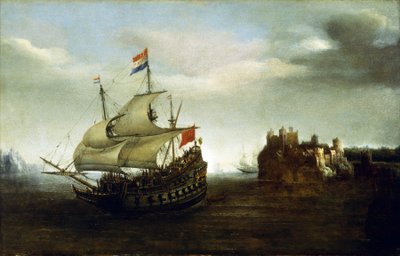 Una barca olandese che naviga vicino a un castello, vicino a una costa rocciosa da Hendrick Cornelisz Vroom