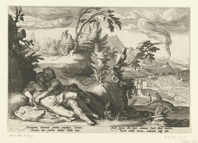 Corvo sorprende la ragazza Coronide (Metamorfosi di Ovidio, serie) da Hendrick Goltzius (workshop of)