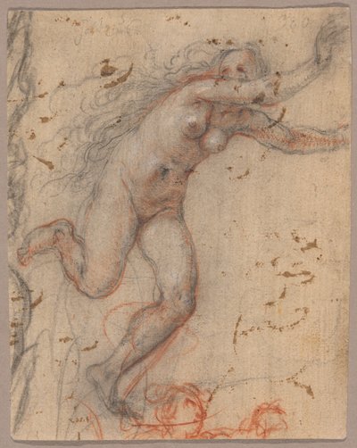 Figura femminile nuda in fuga verso destra con le braccia tese, con schizzo di un busto di figura secondaria (recto); schizzo di una figura femminile nuda inginocchiata, sostenuta da un