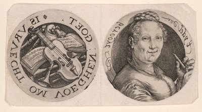 Busto di donna che regge un flauto e strumenti musicali, su un foglio da Hendrick Goltzius