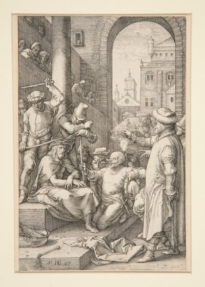 Cristo coronato di spine, da La Passione, #7 in una serie di 12 incisioni da Hendrick Goltzius