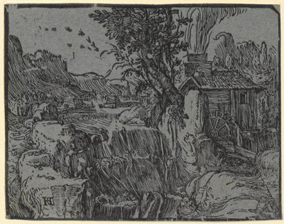 Paesaggio con cascata e mulino, tavola 1 della serie "Quattro piccoli paesaggi" da Hendrick Goltzius