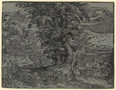 Paesaggio con coppia seduta e pastore, tavola 2 della serie "Quattro piccoli paesaggi" da Hendrick Goltzius
