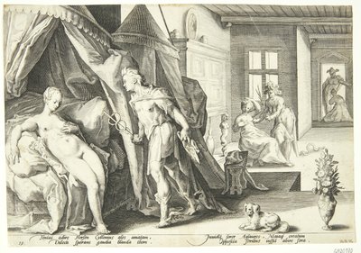 Mercurio entra nella stanza di Herse dopo aver trasformato Agraulos in pietra da Hendrick Goltzius