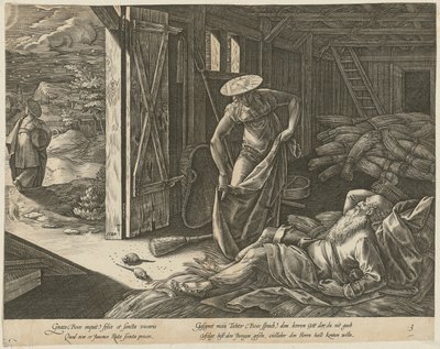Ruth e Boaz nel fienile, pagina 3 della serie "La storia di Ruth" da Hendrick Goltzius