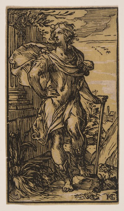 Giovane in piedi con bastone da Hendrick Goltzius