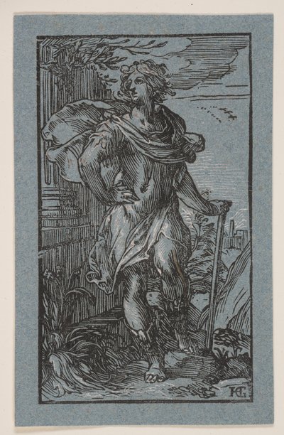Giovane in piedi con bastone da Hendrick Goltzius