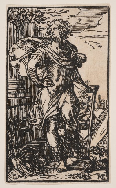 Giovane in piedi con bastone da Hendrick Goltzius