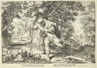 Tiresia colpisce due serpenti accoppiati con il suo bastone da Hendrick Goltzius